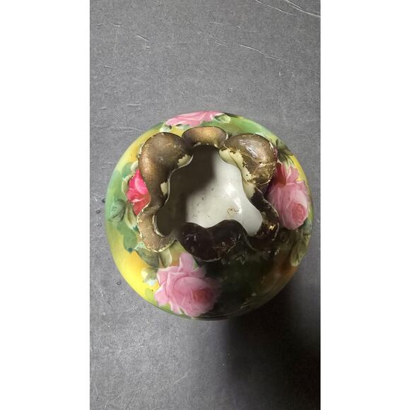 Vintage Hand Painted Porcelain Rose Bowl Vase Gilt Rim Pink Roses *repairs - Picture 5 of 12